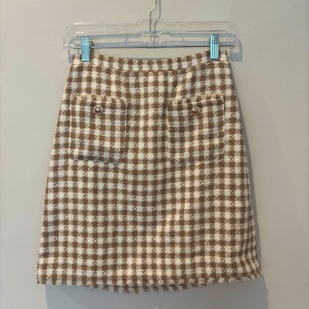 Ann Taylor Camel White Gingham Tweed Skirt